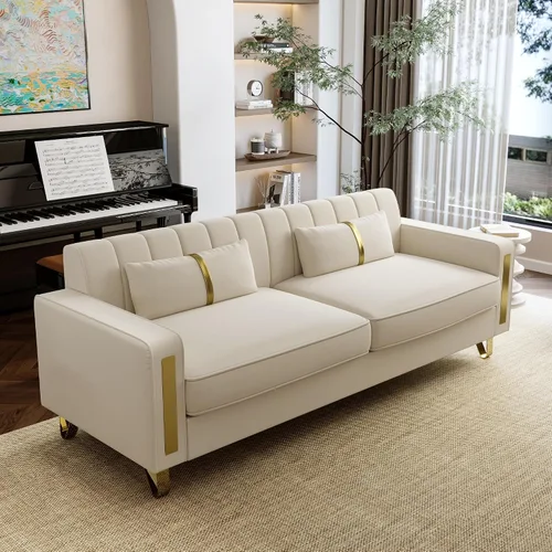 Vista 4 de Sofá de dos plazas para sala de estar, sofá de terciopelo beige de 86 pulgadas con 2 almohadas y patas de metal dorado, sofá tapizado moderno sofá