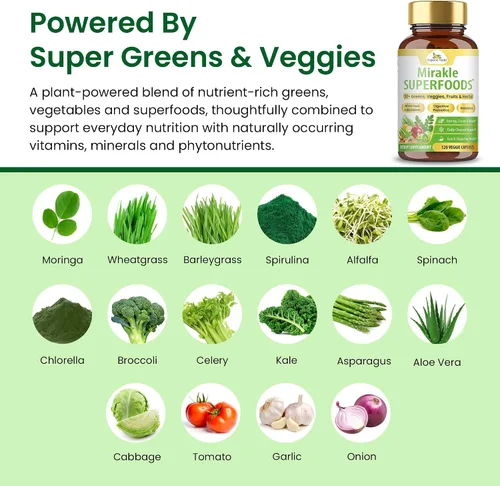 Vista 4 de Organic Veda Mirakle Superfoods - Cápsulas de verduras y verduras diarias con moringa, espirulina, clorella, cúrcuma y hierbas, antioxidantes
