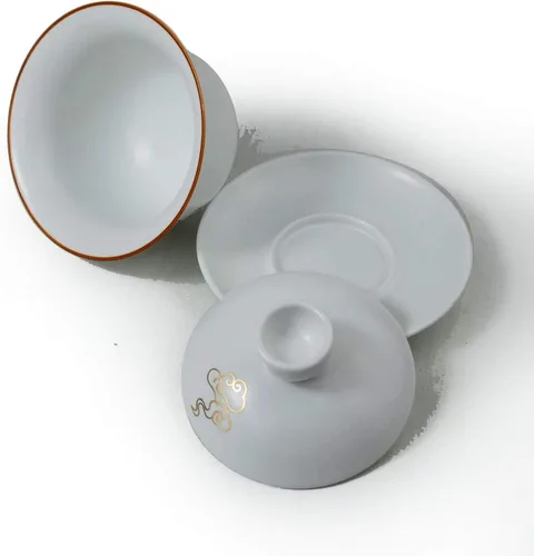 Vista 7 de Liang baobao Gaiwan - Taza de té de porcelana de 8 onzas, color blanco esmaltado con borde dorado, sopera china de gongfu, taza de té de gongfu