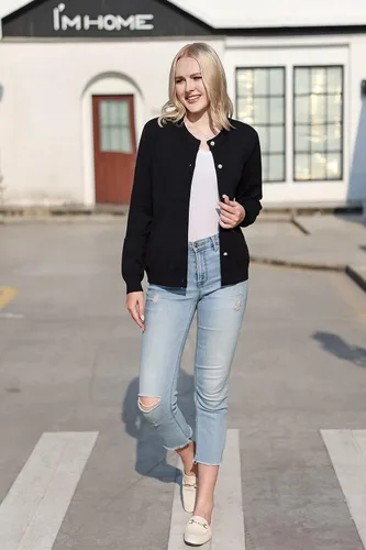 Vista 5 de SMILING PINKER Suéter de punto con cuello redondo y botones de perlas para mujer, peso medio