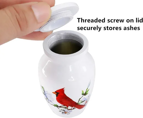 Vista 3 de Red Cardinal Bird - Urna de recuerdo pequeña para cenizas humanas o cenizas de mascotas, mini urna de cremación de aluminio para cenizas - Soporte