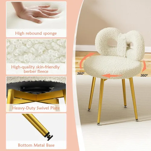 Vista 5 de ROOMTEC Silla de tocador con respaldo, silla giratoria para maquillaje con patas tapizadas y de metal dorado para dormitorio y sala de estar