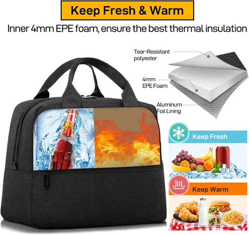Vista 5 de HOMESPON Bolsa de almuerzo aislada para mujeres y hombres, lonchera hielera para el trabajo, picnic (negro)