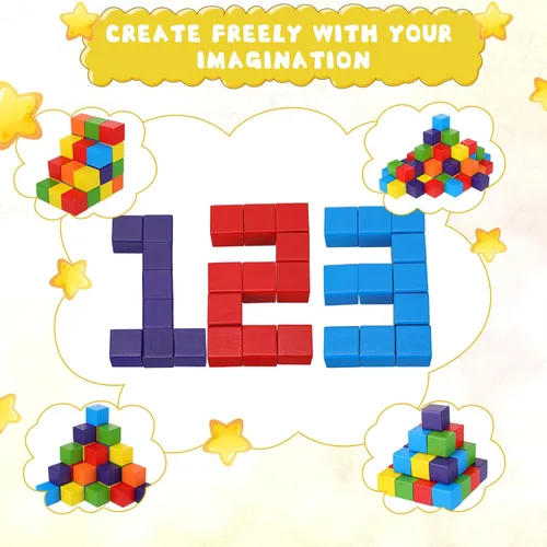Vista 7 de Libima Juego de 100 bloques de construcción de madera de 1.2 pulgadas, juego de bloques de madera de arco iris, cubos cuadrados de madera coloridos