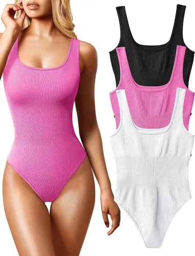 Vista 21 de OQQ Body de 3 piezas para mujer, sexy, acanalado, sin mangas, cuello cuadrado, camiseta sin mangas, leotardo, trajes de moda 2025 negro azul blanco