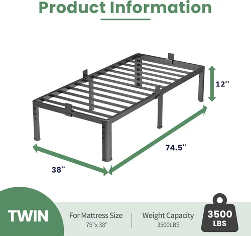 Vista 2 de NKZ Base de cama individual de 12 pulgadas, plataforma de metal resistente con patas de esquina redondas, soporte de listones de acero resistente