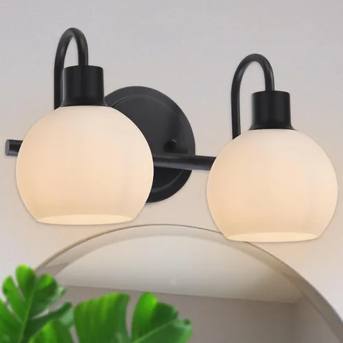 Vista 15 de Luz de tocador de baño con vidrio esmerilado en forma de globo de 2 luces, aplique de pared industrial negro para vestíbulo o pasillo