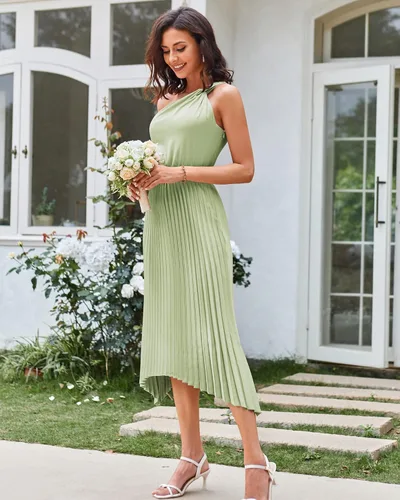Vista 6 de GRACE KARIN Vestido de satén de verano 2023 con un hombro descubierto para mujer, sin mangas, plisado, vestido midi sexy de cóctel
