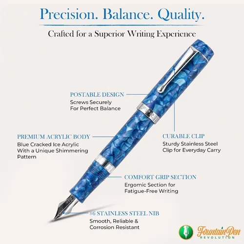 Vista 3 de FPR Jaipur V2 - Pluma estilográfica recargable con relleno de pistón azul para escritores Ultra Flex Nib, Cracked Ice Acrylic Body, Ebonite Feed