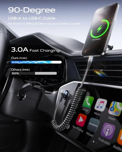 Vista 6 de Cable USB A a USB C de 90 grados, paquete de 2 cables USB tipo C en espiral de 3 pies para automóvil, cable de carga rápida USB-C compatible