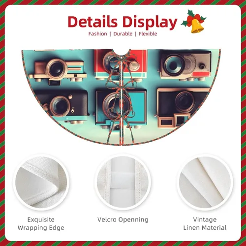 Vista 5 de Retro Cool Camera Collection Print Christmas Scalloped Tree Skirt, Farmhouse Style Tree Carpet for Xmas Indoor Holiday Decor