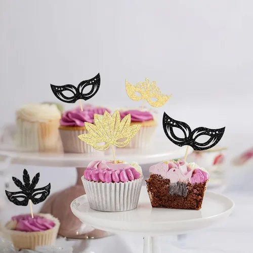 Vista 9 de 24 máscaras de mascarada, adornos para cupcakes, color negro y dorado con purpurina para despedida de soltera, para fiestas de cumpleaños, fiestas
