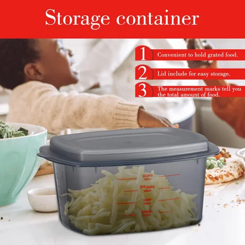 Vista 7 de Ourokhome Rallador rotativo de queso y rallador de caja de acero inoxidable con recipiente de almacenamiento extraíble, guantes, pelador de verduras