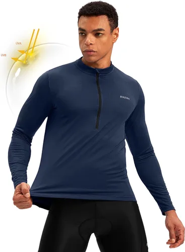 Vista 2 de Bikewa - Camiseta de ciclismo para hombre de manga larga con cremallera trasera 3+1, transpirable, UPF 50+, con media cremallera, para montar