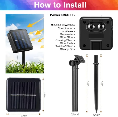 Vista 6 de ANJAYLIA Cuerda de luces solares de 33 pies con 100 luces LED para exteriores, impermeable, funciona con energía solar con 8 modos para exteriores