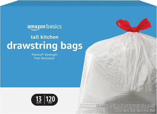 Vista 7 de Amazon Basics Flextra - Bolsas de basura altas con cordón para cocina, 13 galones, sin perfume, 50