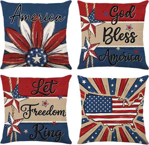 Vista 13 de ONFAON Juego de 4 fundas de almohada decorativas para el 4 de julio, 18 x 18 pulgadas, juego de 4 almohadas patrióticas del Día de la Independencia