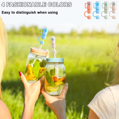 Vista 2 de Fundas de paja de silicona compatibles con vasos Stanley, paquete de 4 adornos de paja para tazas de 30 y 40 onzas