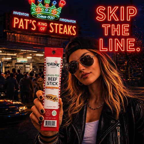 Vista 7 de Think Jerky x Pat's King of Steaks - Palitos oficiales de carne de res con sabor a cheesesteak, edición limitada, bocadillos de carne de res