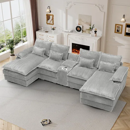 Vista 14 de Sofá de nube de 110 pulgadas en forma de U de gran tamaño gris claro para sala de estar, sofá modular modular con otomana y doble Coushion