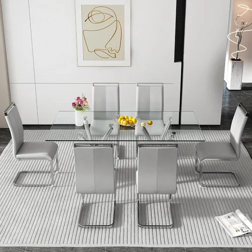 Vista 2 de Juego de 6 mesas de comedor de cristal, moderno juego de mesa de comedor de vidrio templado rectangular transparente de 71 pulgadas y 6 sillas