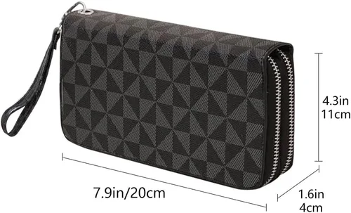 Vista 3 de Veki Billetera para mujer con doble cremallera y correa para la muñeca, monedero de cuero para tarjetas de crédito para mujeres y hombres, Negro A
