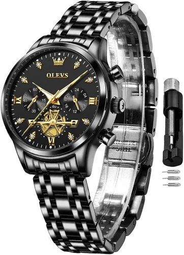 Vista 16 de OLEVS Reloj multifuncional de dos tonos para mujer, reloj analógico de cuarzo para mujer, de acero inoxidable, resistente al agua, con diamantes