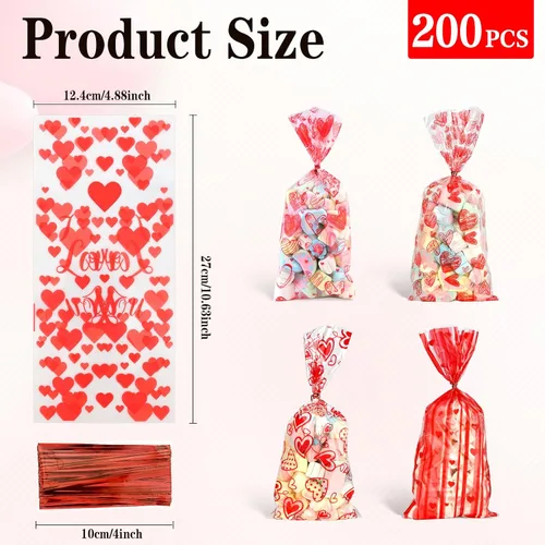 Vista 2 de Bolsas de dulces de San Valentín, 200 piezas de bolsas de celofán de San Valentín, bolsas de plástico transparente rojo para dulces, galletas