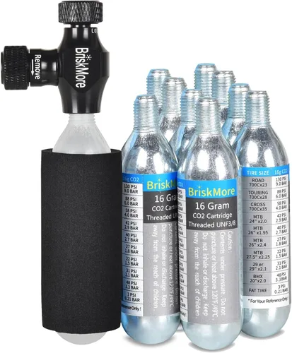 Vista 7 de Kits de Inflador CO2 BriskMore con Cartuchos de CO2 de 9X16g o 5 X 16g, Compatible con Válvulas Presta y Schrader, Bomba de CO2 para Neumáticos