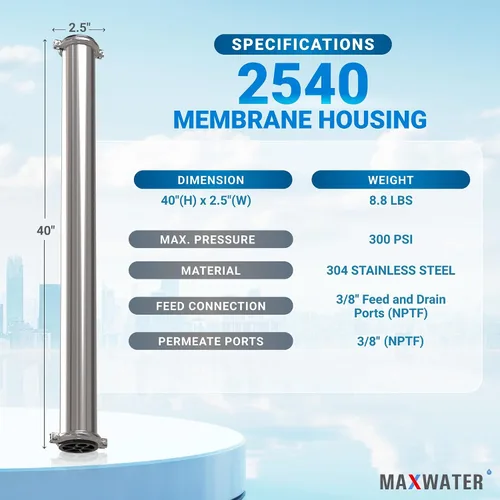 Vista 2 de Max Water Elemento de carcasa de acero inoxidable 2540 de membrana de 2.5" x 40" - Acero inoxidable 304, puertos de alimentación y drenaje NPTF