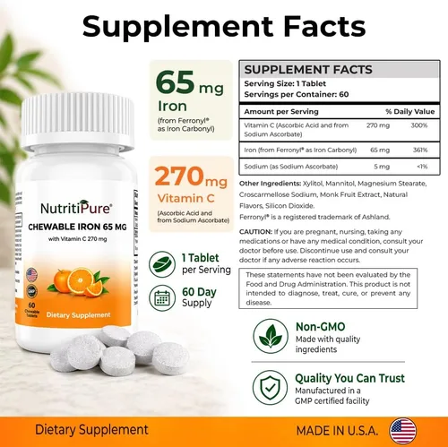 Vista 7 de Hierro carbonílico masticable de 65 mg con 270 mg de vitamina C – Tableta Bariátrica (no gomosa), sabor a naranja sin azúcar – Suplemento de hierro
