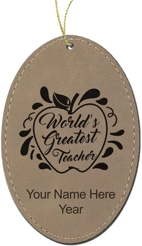 Vista 5 de LaserGram Personalized Christmas Ornament, World's Greatest Teacher, Faux Leather, Custom Laser Engraved Gift Idea (Oval Shape, Black with Gold)