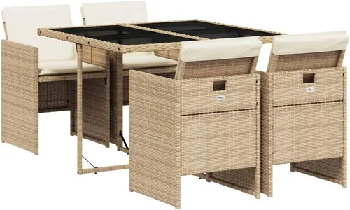 Vista 2 de 5-Piece Patio Dining Set with Cushions Beige Poly Rattan Foldable Chairs Tempered Glass Table for Outdoor Garden Balcony Furniture