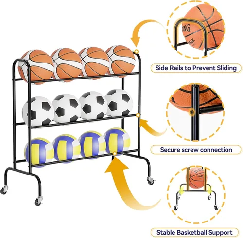 Vista 5 de Basketball Rack, Rolling Sport Equipment Holder Ball Storage Cart for Basketball, Football and Soccer, Suitable for Indoor and Outdoor, Black
