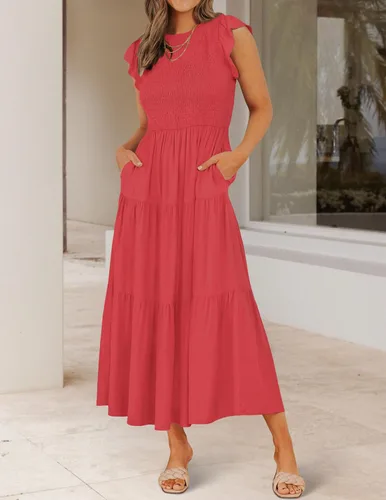 Vista 3 de ZESICA - Vestido por debajo de la rodilla para mujer, diseño informal y escalonado de manga corta, con cuello redondo y cintura elástica fruncida