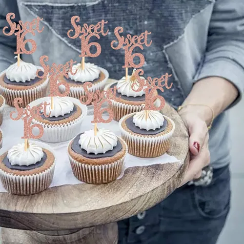 Vista 3 de Ercadio Paquete de 24 adornos para cupcakes con purpurina de oro rosa para 16 niños, 16 años, aniversario, fiesta, decoración de pasteles