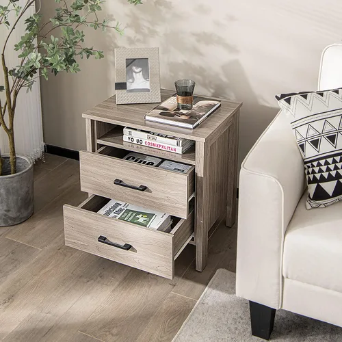 Vista 2 de Giantex Mesita de noche con 2 cajones, mesa auxiliar de madera con estante de almacenamiento abierto y agujero para cable, mesita de noche