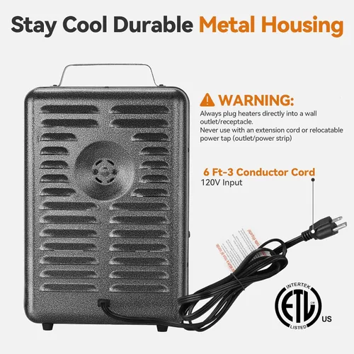 Vista 5 de Calentador de espacio Shinic, calentador de 1500W para lechería con termostato, carcasa metálica duradera que se mantiene fresca, protección contra