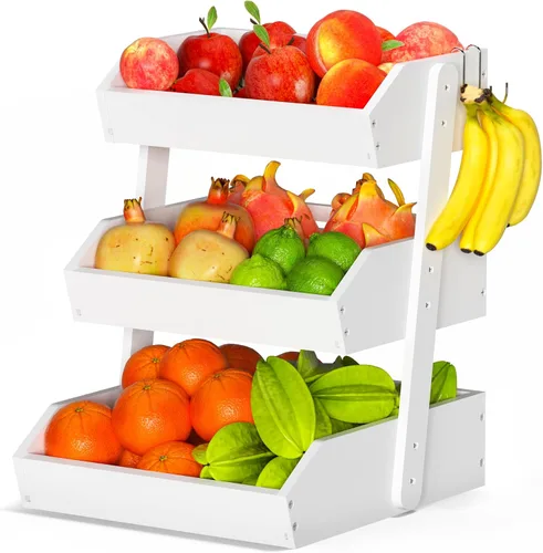 Vista 12 de Gmtsl Cesta de frutas de bambú para cocina, frutero de 2 niveles para encimera de cocina, soporte grande para frutas con 2 ganchos para plátanos