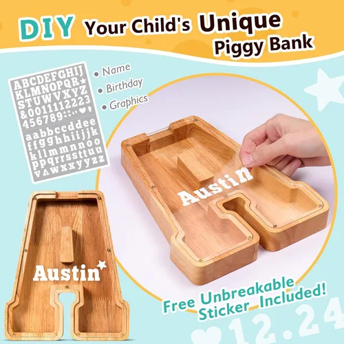 Vista 3 de SummiDate Alcancía de madera de letra para niños y niñas, Alfabeto, personalizada, regalo de cumpleaños y pascua para niños (A)
