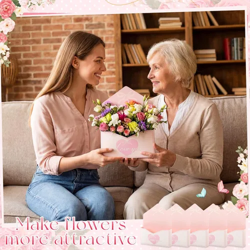 Vista 6 de Geyee 10 cajas sobre para ramo de floristería de graduación clase de 2026, ramo de flores de corazón rosa, embalaje de papel de regalo, bolsas