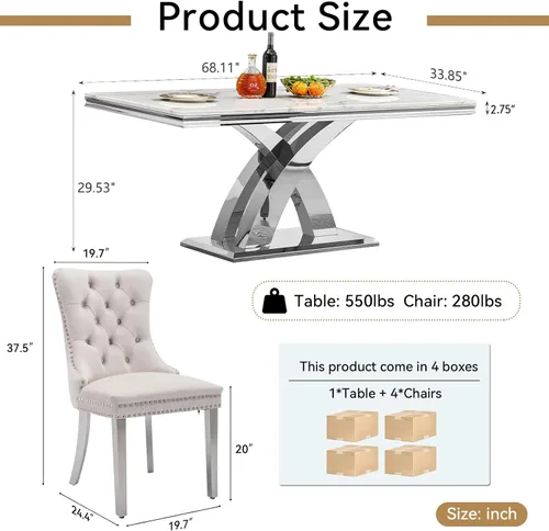 Vista 3 de Juego de mesa de comedor de mármol sintético blanco plateado de 68 pulgadas para 4, juego de mesa rectangular de 5 piezas con patas de acero Mesa