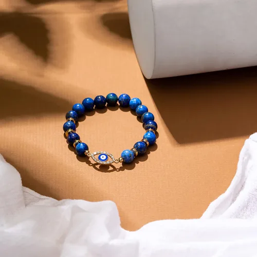 Vista 8 de VIBE MOOD ENERGY - Pulsera de protección Pulsera de cuentas de lapislázuli con dije contra el mal de ojo Pulsera de triple protección para aliviar