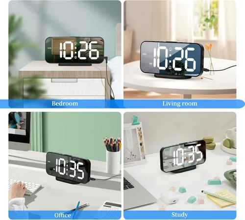 Vista 2 de Reloj despertador digital para dormitorio, superficie de espejo LED de 6.7 pulgadas con 2 puertos de carga USB, brillo ajustable, alarma doble