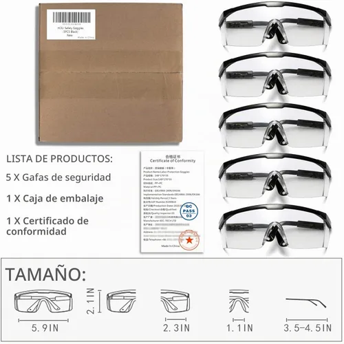 Vista 2 de Gafas de seguridad, 5 gafas protectoras ajustables de visión amplia, gafas de seguridad ligeras a prueba de niebla