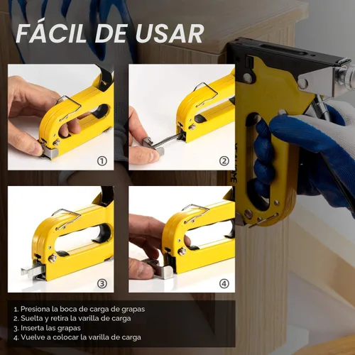 Vista 3 de Pistola de grapas 4 en 1 para tapicería, resistente, con 6000 grapas, removedor de guantes, clavadora manual de ajuste de potencia para madera