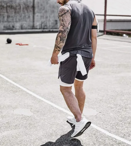 Vista 5 de Akk Pantalones cortos 2 en 1 para hombre, para correr, entrenamiento, yoga, gimnasio, deportes, con bolsillos para teléfono con cremallera