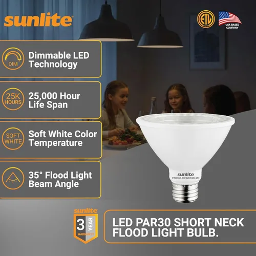 Vista 2 de Sunlite 40979-SU - Bombilla LED PAR30 de cuello corto, 9 vatios, (equivalente a 75 W), 750 lúmenes, base de tornillo medio (E26), regulable, Blanco