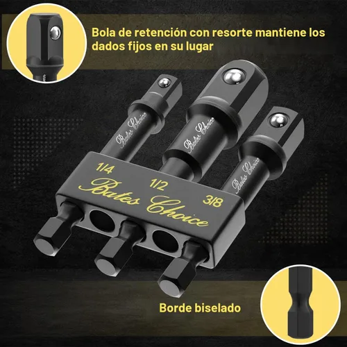 Vista 4 de Juego de adaptadores de enchufe de impacto Bates, 3 piezas, 1/4", 3/8" y 1/2", con soporte Negro
