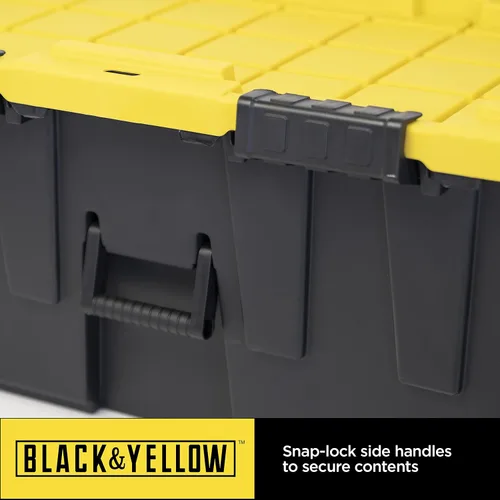Vista 2 de Caja resistente negro y amarillo, 20 galones con ruedas, interior/exterior, resistente (paquete de 2)